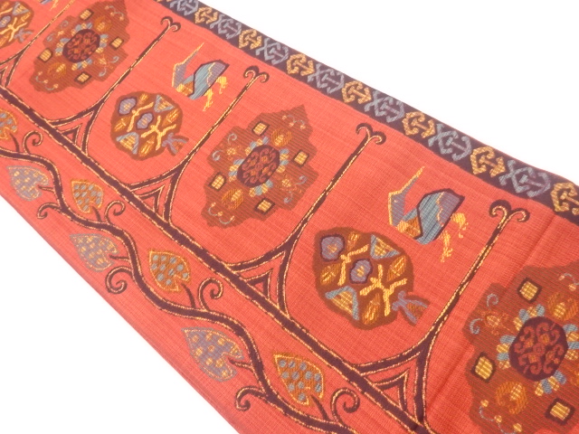 抽象華文に木々・鳥模様織出し袋帯